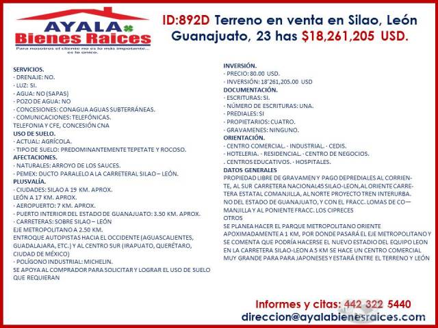 Terreno en venta en Silao, León Guanajuato, 23 has $18,261,205 USD