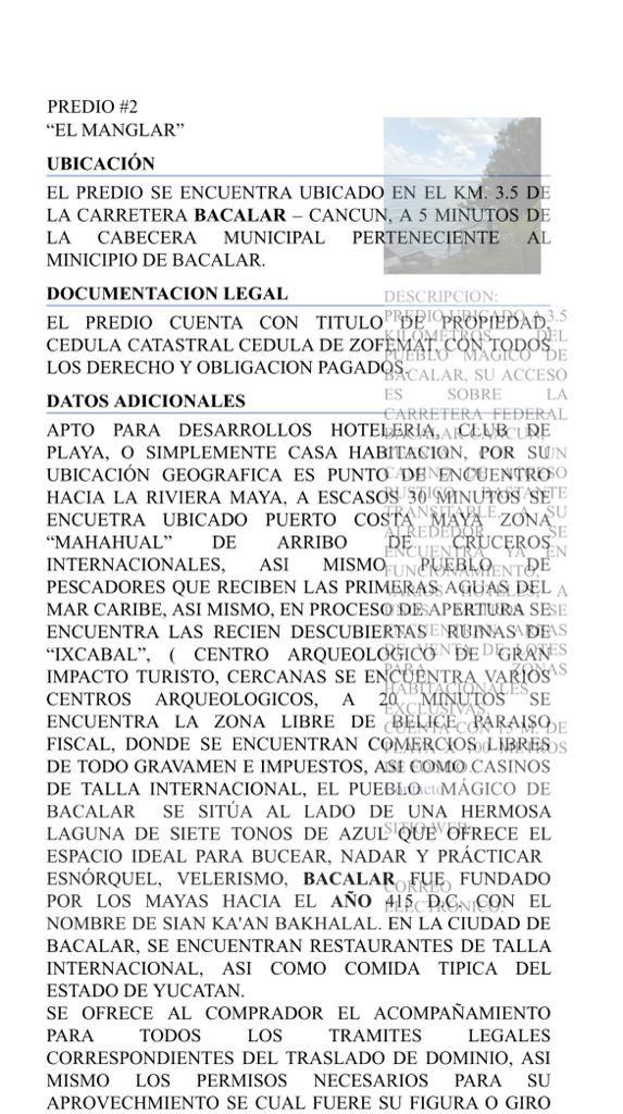 Terreno en Venta frente a la Laguna de Bacalar